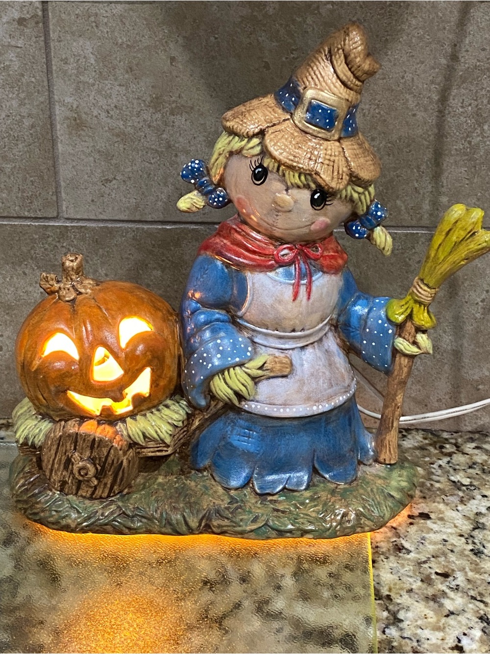 Vintage Halloween Scarecrow Figurine with Lit Pumpkin Hand Painted Plug-in